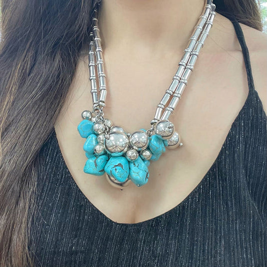 MIX SPHERES SILVER AND TURQUOISE NECKLACE